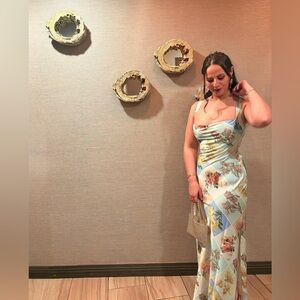 ASOS DESIGN satin wide neck cross back strap maxi dress postcard print